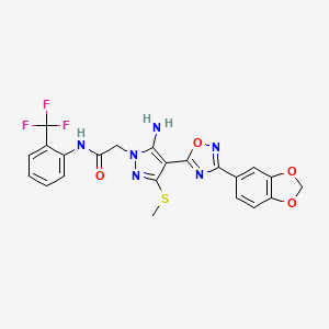 molecular formula C22H17F3N6O4S B2897522 2-(5-amino-4-(3-(benzo[d][1,3]dioxol-5-yl)-1,2,4-oxadiazol-5-yl)-3-(methylthio)-1H-pyrazol-1-yl)-N-(2-(trifluoromethyl)phenyl)acetamide CAS No. 1223781-59-6