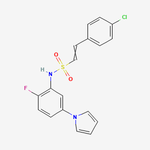 molecular formula C18H14ClFN2O2S B2897523 2-(4-chlorophenyl)-N-[2-fluoro-5-(1H-pyrrol-1-yl)phenyl]ethene-1-sulfonamide CAS No. 1424698-23-6