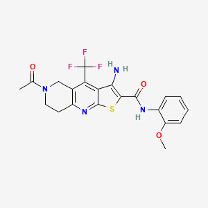 molecular formula C21H19F3N4O3S B2897532 6-乙酰-3-氨基-N-(2-甲氧基苯基)-4-(三氟甲基)-5,6,7,8-四氢噻吩并[2,3-b][1,6]萘啶-2-甲酰胺 CAS No. 727679-32-5