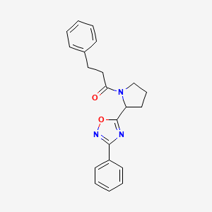 molecular formula C21H21N3O2 B2897611 3-Phenyl-5-[1-(3-phenylpropanoyl)pyrrolidin-2-yl]-1,2,4-oxadiazole CAS No. 1046006-78-3