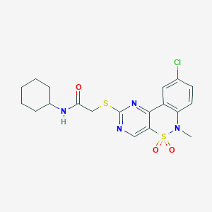 molecular formula C19H21ClN4O3S2 B2897762 2-((9-氯-6-甲基-5,5-二氧化-6H-苯并[c]嘧啶并[4,5-e][1,2]噻嗪-2-基)硫代)-N-环己基乙酰胺 CAS No. 1111433-97-6