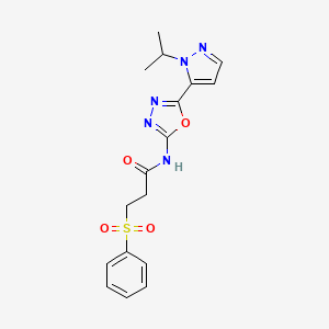 molecular formula C17H19N5O4S B2897789 N-(5-(1-isopropyl-1H-pyrazol-5-yl)-1,3,4-oxadiazol-2-yl)-3-(phenylsulfonyl)propanamide CAS No. 1171658-03-9