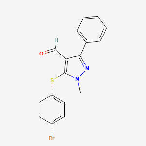 molecular formula C17H13BrN2OS B2897803 5-[(4-bromophenyl)sulfanyl]-1-methyl-3-phenyl-1H-pyrazole-4-carbaldehyde CAS No. 318247-52-8
