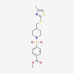 molecular formula C18H22N2O4S3 B2897819 4-((4-(((4-甲基噻唑-2-基)硫代)甲基)哌啶-1-基)磺酰基)苯甲酸甲酯 CAS No. 1428352-22-0