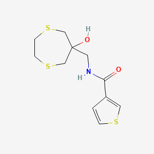 molecular formula C11H15NO2S3 B2897862 N-[(6-Hydroxy-1,4-dithiepan-6-yl)methyl]thiophene-3-carboxamide CAS No. 2415452-98-9