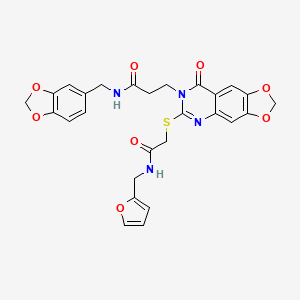 molecular formula C27H24N4O8S B2897874 N-(1,3-benzodioxol-5-ylmethyl)-3-[6-[2-(furan-2-ylmethylamino)-2-oxoethyl]sulfanyl-8-oxo-[1,3]dioxolo[4,5-g]quinazolin-7-yl]propanamide CAS No. 896705-80-9