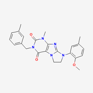B2897902 8-(2-Methoxy-5-methylphenyl)-1-methyl-3-[(3-methylphenyl)methyl]-1,3,5-trihydr oimidazolidino[1,2-h]purine-2,4-dione CAS No. 923471-99-2