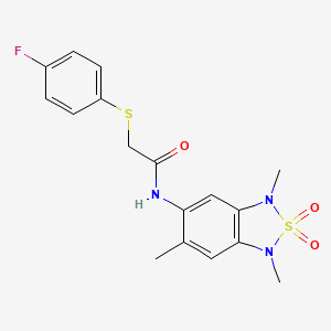 molecular formula C17H18FN3O3S2 B2897933 2-((4-fluorophenyl)thio)-N-(1,3,6-trimethyl-2,2-dioxido-1,3-dihydrobenzo[c][1,2,5]thiadiazol-5-yl)acetamide CAS No. 2034405-25-7