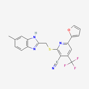 molecular formula C20H13F3N4OS B2897986 6-(furan-2-yl)-2-{[(5-methyl-1H-1,3-benzodiazol-2-yl)methyl]sulfanyl}-4-(trifluoromethyl)pyridine-3-carbonitrile CAS No. 723748-19-4