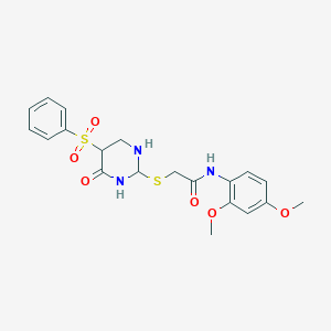 molecular formula C20H19N3O6S2 B2898023 2-[[5-(benzenesulfonyl)-4-oxo-1,3-diazinan-2-yl]sulfanyl]-N-(2,4-dimethoxyphenyl)acetamide CAS No. 866809-00-9