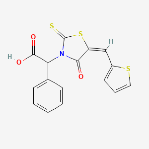 molecular formula C16H11NO3S3 B2898129 (E)-2-(4-oxo-5-(thiophen-2-ylmethylene)-2-thioxothiazolidin-3-yl)-2-phenylacetic acid CAS No. 638139-13-6