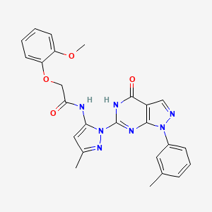 molecular formula C25H23N7O4 B2898159 2-(2-methoxyphenoxy)-N-(3-methyl-1-(4-oxo-1-(m-tolyl)-4,5-dihydro-1H-pyrazolo[3,4-d]pyrimidin-6-yl)-1H-pyrazol-5-yl)acetamide CAS No. 1170031-88-5