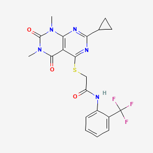molecular formula C20H18F3N5O3S B2898168 2-((2-cyclopropyl-6,8-dimethyl-5,7-dioxo-5,6,7,8-tetrahydropyrimido[4,5-d]pyrimidin-4-yl)thio)-N-(2-(trifluoromethyl)phenyl)acetamide CAS No. 906226-42-4