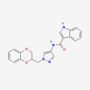 molecular formula C21H18N4O3 B2898373 N-(1-((2,3-dihydrobenzo[b][1,4]dioxin-2-yl)methyl)-1H-pyrazol-4-yl)-1H-indole-3-carboxamide CAS No. 1798625-38-3