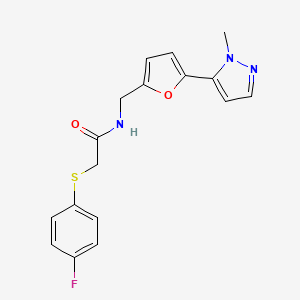 molecular formula C17H16FN3O2S B2898390 2-(4-Fluorophenyl)sulfanyl-N-[[5-(2-methylpyrazol-3-yl)furan-2-yl]methyl]acetamide CAS No. 2415553-91-0
