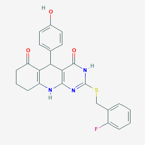 molecular formula C24H20FN3O3S B2898398 2-((2-fluorobenzyl)thio)-5-(4-hydroxyphenyl)-7,8,9,10-tetrahydropyrimido[4,5-b]quinoline-4,6(3H,5H)-dione CAS No. 537043-73-5