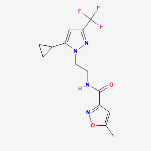 molecular formula C14H15F3N4O2 B2898454 N-(2-(5-cyclopropyl-3-(trifluoromethyl)-1H-pyrazol-1-yl)ethyl)-5-methylisoxazole-3-carboxamide CAS No. 1797816-93-3
