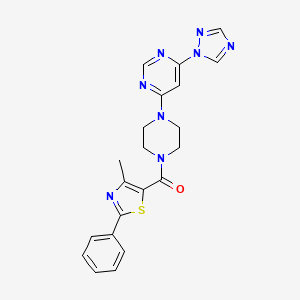 molecular formula C21H20N8OS B2898469 (4-(6-(1H-1,2,4-triazol-1-yl)pyrimidin-4-yl)piperazin-1-yl)(4-methyl-2-phenylthiazol-5-yl)methanone CAS No. 1795443-71-8