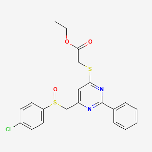 molecular formula C21H19ClN2O3S2 B2898556 Ethyl 2-[(6-{[(4-chlorophenyl)sulfinyl]methyl}-2-phenyl-4-pyrimidinyl)sulfanyl]acetate CAS No. 306980-57-4