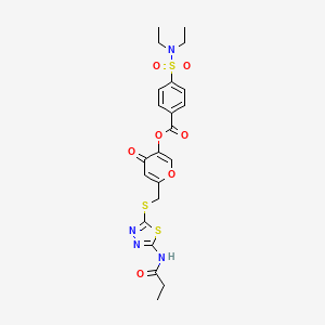 molecular formula C22H24N4O7S3 B2898590 4-oxo-6-(((5-propionamido-1,3,4-thiadiazol-2-yl)thio)methyl)-4H-pyran-3-yl 4-(N,N-diethylsulfamoyl)benzoate CAS No. 896007-55-9