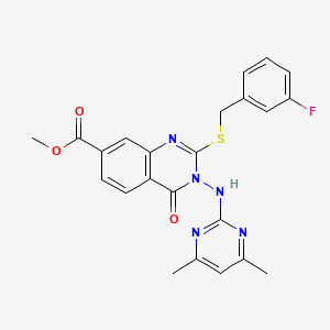 molecular formula C23H20FN5O3S B2898642 Methyl 3-[(4,6-dimethylpyrimidin-2-yl)amino]-2-[(3-fluorophenyl)methylsulfanyl]-4-oxoquinazoline-7-carboxylate CAS No. 443356-11-4