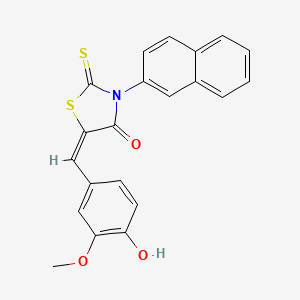molecular formula C21H15NO3S2 B2898652 (E)-5-(4-hydroxy-3-methoxybenzylidene)-3-(naphthalen-2-yl)-2-thioxothiazolidin-4-one CAS No. 638137-49-2