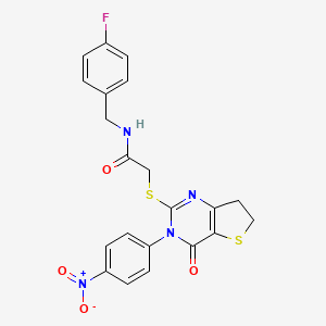 molecular formula C21H17FN4O4S2 B2898783 N-(4-fluorobenzyl)-2-((3-(4-nitrophenyl)-4-oxo-3,4,6,7-tetrahydrothieno[3,2-d]pyrimidin-2-yl)thio)acetamide CAS No. 687568-99-6