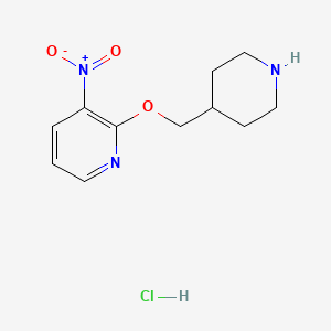 molecular formula C11H16ClN3O3 B2898789 3-Nitro-2-(piperidin-4-ylmethoxy)pyridine hydrochloride CAS No. 1261230-71-0