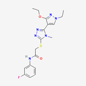 molecular formula C18H21FN6O2S B2898825 2-((5-(3-ethoxy-1-ethyl-1H-pyrazol-4-yl)-4-methyl-4H-1,2,4-triazol-3-yl)thio)-N-(3-fluorophenyl)acetamide CAS No. 1013774-83-8