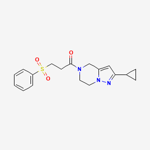 molecular formula C18H21N3O3S B2898837 1-(2-cyclopropyl-6,7-dihydropyrazolo[1,5-a]pyrazin-5(4H)-yl)-3-(phenylsulfonyl)propan-1-one CAS No. 2034507-43-0