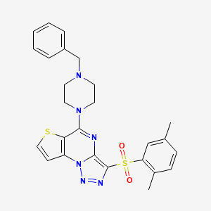 molecular formula C26H26N6O2S2 B2898846 5-(4-Benzylpiperazin-1-yl)-3-[(2,5-dimethylphenyl)sulfonyl]thieno[2,3-e][1,2,3]triazolo[1,5-a]pyrimidine CAS No. 931710-09-7