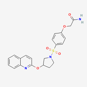 molecular formula C21H21N3O5S B2898850 2-(4-((3-(Quinolin-2-yloxy)pyrrolidin-1-yl)sulfonyl)phenoxy)acetamide CAS No. 2034445-65-1