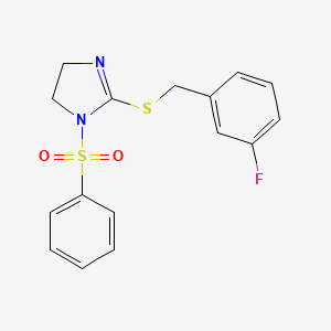 molecular formula C16H15FN2O2S2 B2898942 1-(Benzenesulfonyl)-2-[(3-fluorophenyl)methylsulfanyl]-4,5-dihydroimidazole CAS No. 868216-71-1