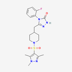 molecular formula C20H25FN6O3S B2899058 4-(2-fluorophenyl)-3-((1-((1,3,5-trimethyl-1H-pyrazol-4-yl)sulfonyl)piperidin-4-yl)methyl)-1H-1,2,4-triazol-5(4H)-one CAS No. 2034226-63-4