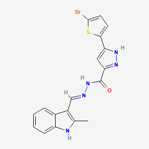 molecular formula C18H14BrN5OS B2899098 (E)-3-(5-bromothiophen-2-yl)-N'-((2-methyl-1H-indol-3-yl)methylene)-1H-pyrazole-5-carbohydrazide CAS No. 488704-20-7