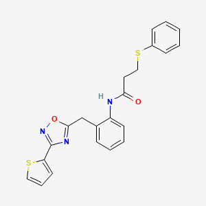 molecular formula C22H19N3O2S2 B2899202 3-(phenylthio)-N-(2-((3-(thiophen-2-yl)-1,2,4-oxadiazol-5-yl)methyl)phenyl)propanamide CAS No. 1798019-04-1