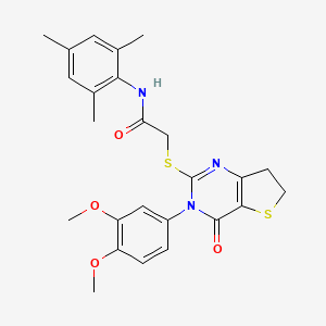 molecular formula C25H27N3O4S2 B2899209 2-((3-(3,4-dimethoxyphenyl)-4-oxo-3,4,6,7-tetrahydrothieno[3,2-d]pyrimidin-2-yl)thio)-N-mesitylacetamide CAS No. 877655-78-2