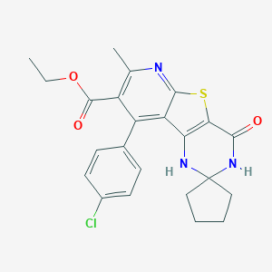molecular formula C23H22ClN3O3S B289926 9-(4-Chlorophenyl)-4-oxo-7-methyl-3,4-dihydrospiro[pyrido[3',2':4,5]thieno[3,2-d]pyrimidine-2(1H),1'-cyclopentane]-8-carboxylic acid ethyl ester 