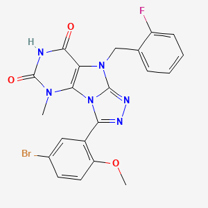 molecular formula C21H16BrFN6O3 B2899434 3-(5-bromo-2-methoxyphenyl)-9-[(2-fluorophenyl)methyl]-5-methyl-5H,6H,7H,8H,9H-[1,2,4]triazolo[3,4-h]purine-6,8-dione CAS No. 921582-18-5