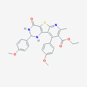 molecular formula C27H25N3O5S B289949 Ethyl 2,9-bis(4-methoxyphenyl)-7-methyl-4-oxo-1,2,3,4-tetrahydropyrido[3',2':4,5]thieno[3,2-d]pyrimidine-8-carboxylate 