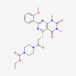 molecular formula C24H28N6O6S B2899522 Ethyl 4-(2-((2-(2-methoxyphenyl)-6,8-dimethyl-5,7-dioxo-5,6,7,8-tetrahydropyrimido[4,5-d]pyrimidin-4-yl)thio)acetyl)piperazine-1-carboxylate CAS No. 921066-34-4