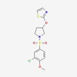molecular formula C14H15ClN2O4S2 B2899526 2-((1-((3-Chloro-4-methoxyphenyl)sulfonyl)pyrrolidin-3-yl)oxy)thiazole CAS No. 2034618-86-3