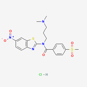 molecular formula C20H23ClN4O5S2 B2899551 N-(3-(dimethylamino)propyl)-4-(methylsulfonyl)-N-(6-nitrobenzo[d]thiazol-2-yl)benzamide hydrochloride CAS No. 1217045-93-6