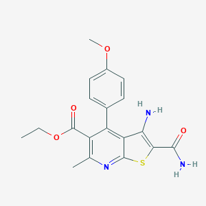 molecular formula C19H19N3O4S B289957 Ethyl 3-amino-2-(aminocarbonyl)-4-(4-methoxyphenyl)-6-methylthieno[2,3-b]pyridine-5-carboxylate 