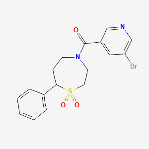 molecular formula C17H17BrN2O3S B2899570 (5-Bromopyridin-3-yl)(1,1-dioxido-7-phenyl-1,4-thiazepan-4-yl)methanone CAS No. 2034461-14-6