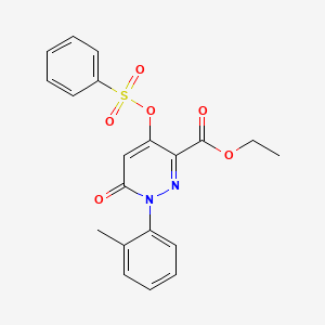 molecular formula C20H18N2O6S B2899594 ethyl 4-[(benzenesulfonyl)oxy]-1-(2-methylphenyl)-6-oxo-1,6-dihydropyridazine-3-carboxylate CAS No. 886950-49-8