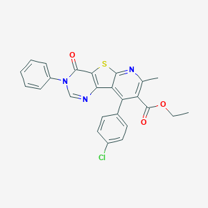 molecular formula C25H18ClN3O3S B289964 Ethyl 13-(4-chlorophenyl)-11-methyl-6-oxo-5-phenyl-8-thia-3,5,10-triazatricyclo[7.4.0.02,7]trideca-1(13),2(7),3,9,11-pentaene-12-carboxylate 