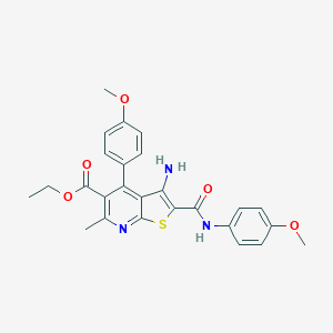 molecular formula C26H25N3O5S B289973 3-Amino-2-[(4-methoxyanilino)-oxomethyl]-4-(4-methoxyphenyl)-6-methyl-5-thieno[2,3-b]pyridinecarboxylic acid ethyl ester 