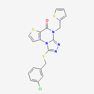 molecular formula C19H13ClN4OS3 B2899738 1-((3-chlorobenzyl)thio)-4-(thiophen-2-ylmethyl)thieno[2,3-e][1,2,4]triazolo[4,3-a]pyrimidin-5(4H)-one CAS No. 1223896-70-5