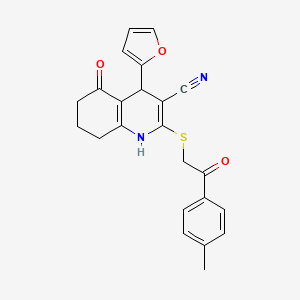 molecular formula C23H20N2O3S B2899746 4-(Furan-2-yl)-5-oxo-2-((2-oxo-2-(p-tolyl)ethyl)thio)-1,4,5,6,7,8-hexahydroquinoline-3-carbonitrile CAS No. 799801-30-2